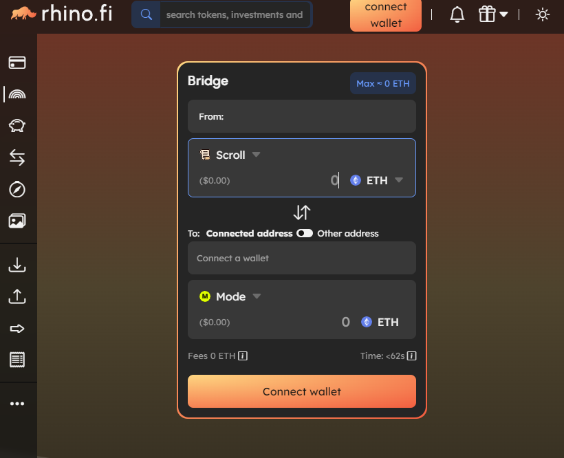 Bridge no dapp Rhino.fi na rede Scroll para rede Mode.