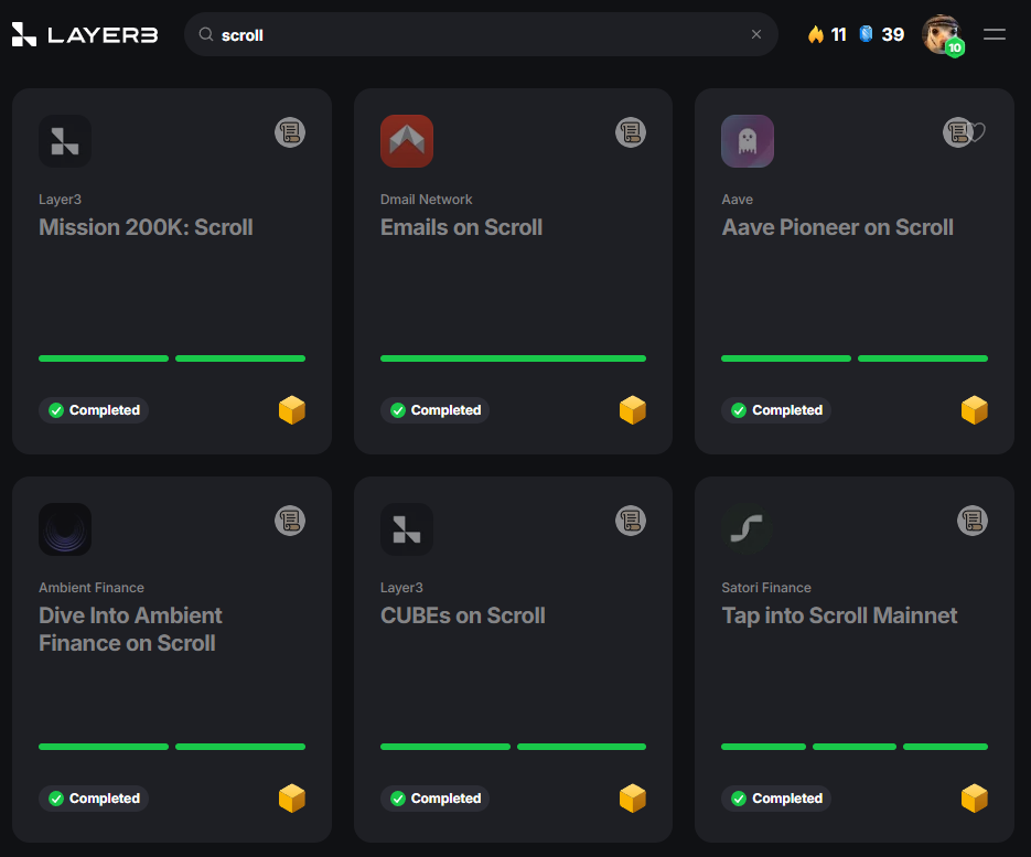 Missões da rede Scroll no site Layer3